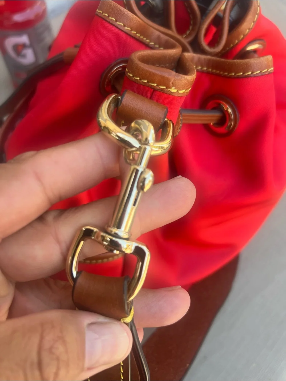 Dooney & Bourke Red Drawstring Hobo with Brown Trim